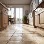 worn tiled floor, aged ceramic tiles with subtle stains and discolouration, natural wear patterns, faint grout darkening