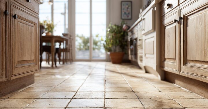 worn tiled floor, aged ceramic tiles with subtle stains and discolouration, natural wear patterns, faint grout darkening