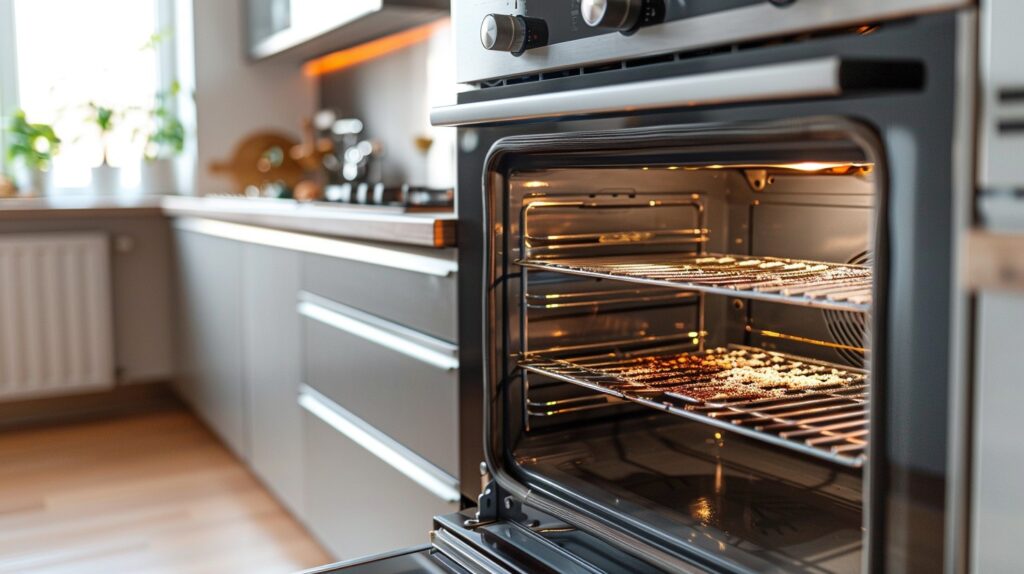 a modern home oven interior, visible baked-on grease and burnt food residue on metal oven racks