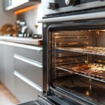 a modern home oven interior, visible baked-on grease and burnt food residue on metal oven racks