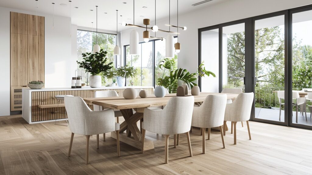 California-style dining room interior, warm natural light flooding through large floor-to-ceiling windows, a mid-size solid wood dining table at the centre, surrounded by elegant velvet-upholstered dining chairs in soft neutral tones