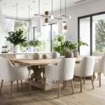 California-style dining room interior, warm natural light flooding through large floor-to-ceiling windows, a mid-size solid wood dining table at the centre, surrounded by elegant velvet-upholstered dining chairs in soft neutral tones