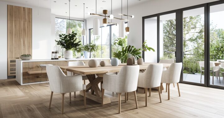 California-style dining room interior, warm natural light flooding through large floor-to-ceiling windows, a mid-size solid wood dining table at the centre, surrounded by elegant velvet-upholstered dining chairs in soft neutral tones